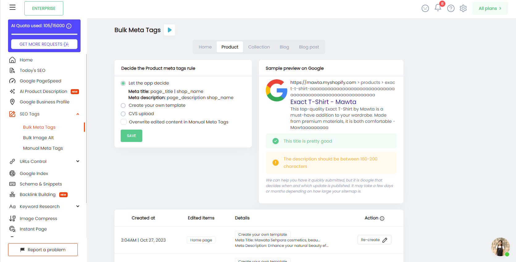 Bulk meta description optimization interface